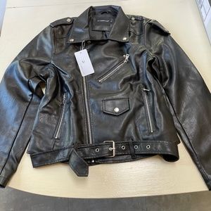 New Women’s Black Faux Leather Bomber Biker Jacket -Large L